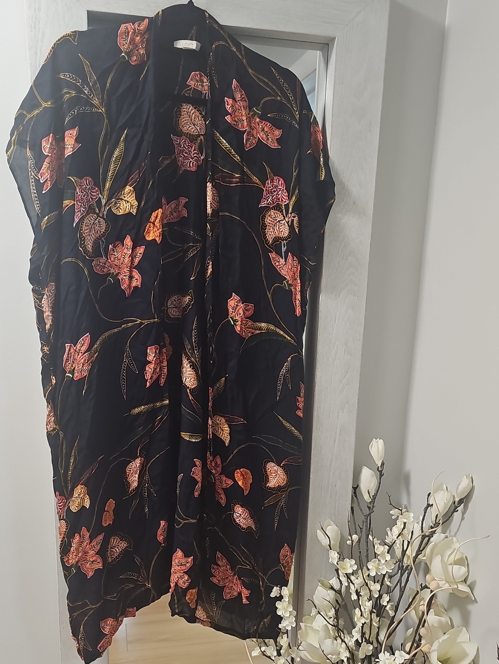LOFT Black Floral Lightweight Kimono Cover Up with Orange and Green Accents